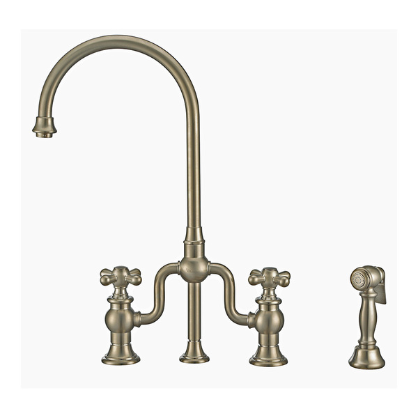 Whitehaus Bridge Faucet W/ Gooseneck Swivel Spout, Cross Handles And Brass Side S WHTTSCR3-9773-NT-BN